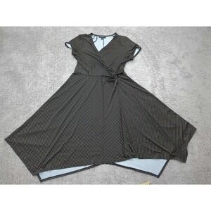 Perceptions Faux Wrap Dress Womens XL Black Yellow Polka Midi Handkerchief Hem